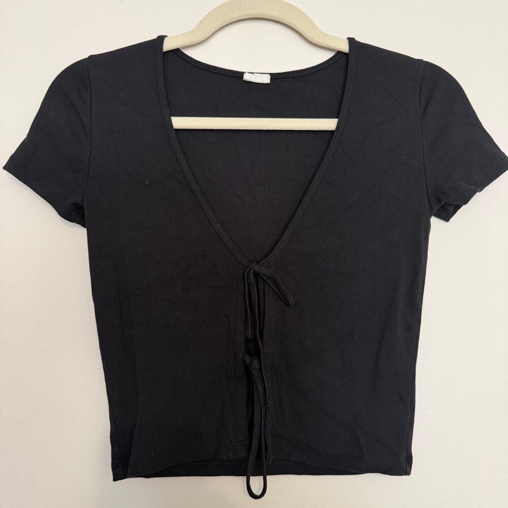 Wilfred‎ Black Ribbed Knit Tie Front Short Sleeve Blouse Top Size XXS